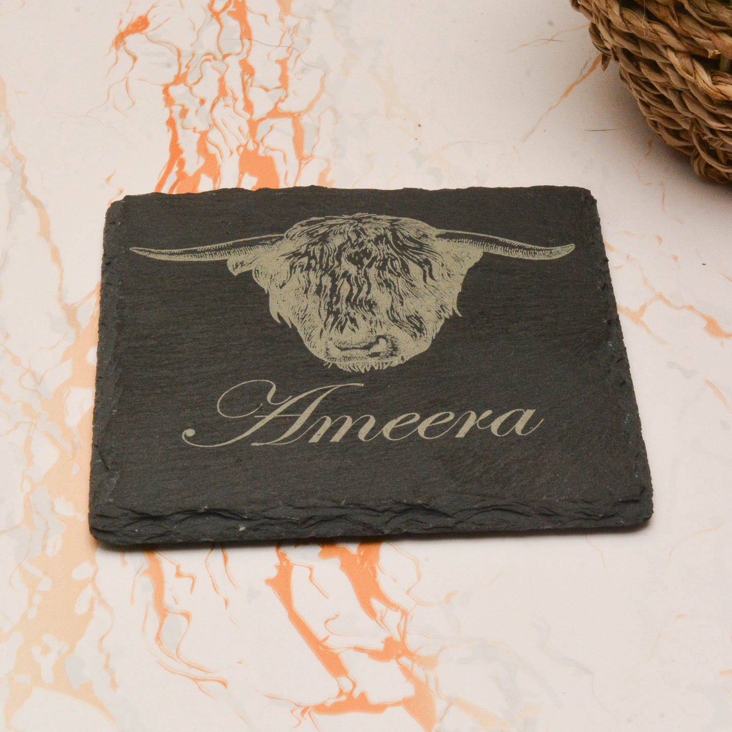 Personalised Highland Cow Slate Coaster – Custom Rustic Drink Mat, Scottish Farmhouse Decor, Unique Gift from the Highlands