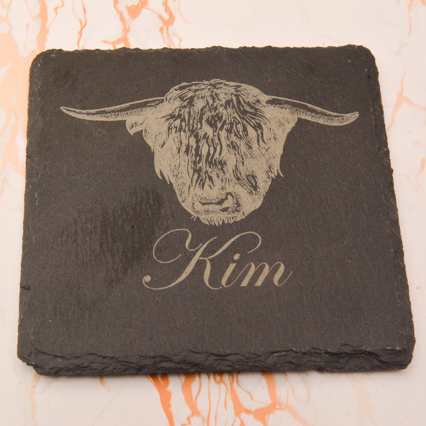 Personalised Highland Cow Slate Coaster – Custom Rustic Drink Mat, Scottish Farmhouse Decor, Unique Gift from the Highlands