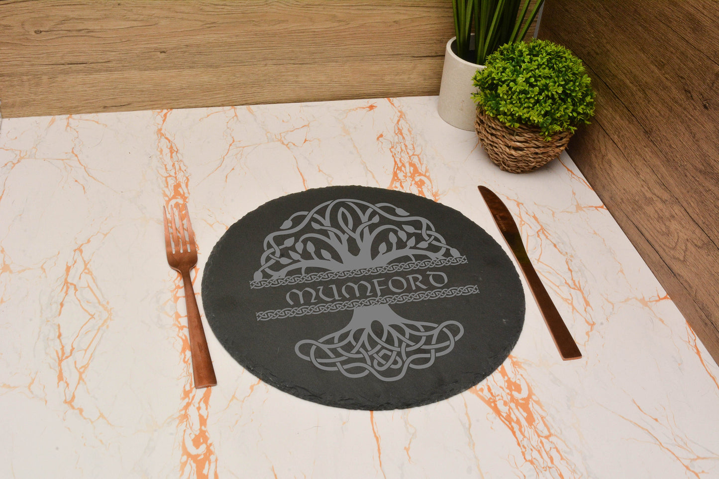 Personalised Slate Tree of life table placemat and coaster set. custom place setting. Customised Name coaster and placemat.