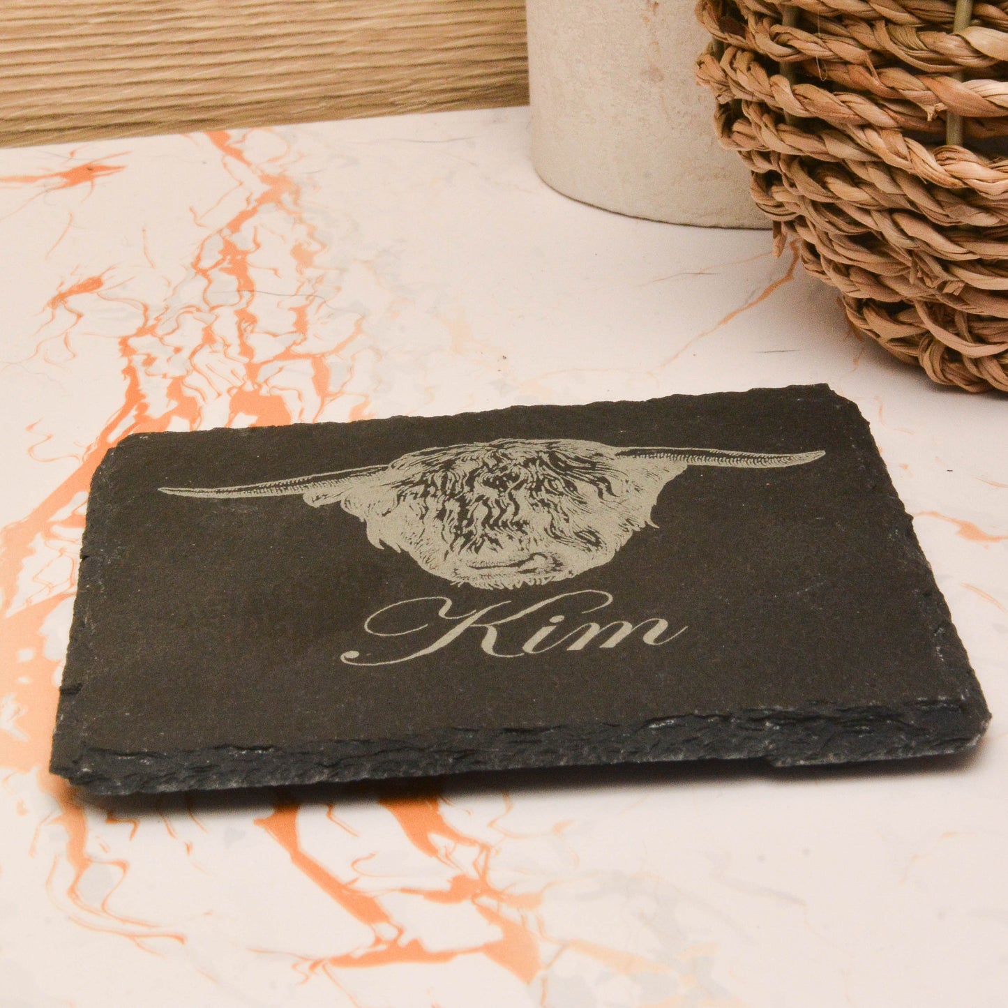 Personalised Highland Cow Slate Coaster – Custom Rustic Drink Mat, Scottish Farmhouse Decor, Unique Gift from the Highlands