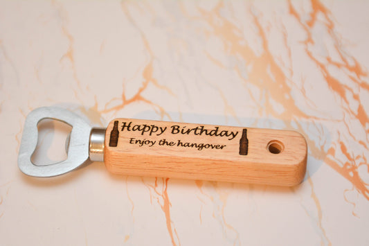 Funny Happy Birthday Wooden Bottle Opener – Personalised Laser Engraved Beer Opener – Compact Handheld Gift for Him