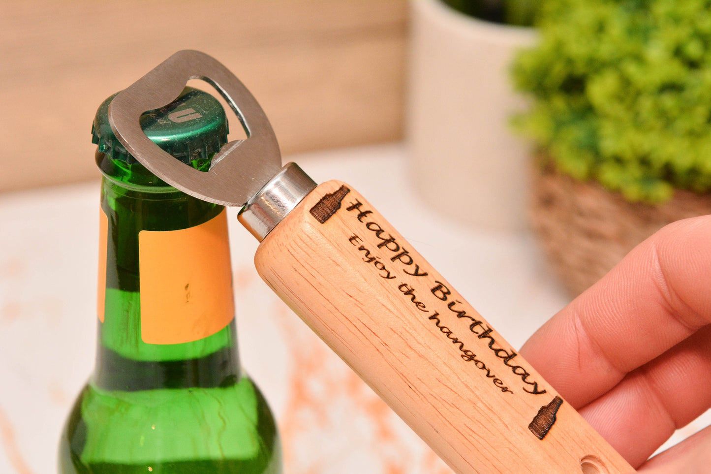 Funny Happy Birthday Wooden Bottle Opener – Personalised Laser Engraved Beer Opener – Compact Handheld Gift for Him
