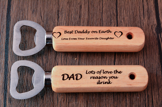 Personalised Father’s Day Wooden Bottle Opener – Laser Engraved Handheld Beer Opener, Small Custom Gift for Dad or Grandad
