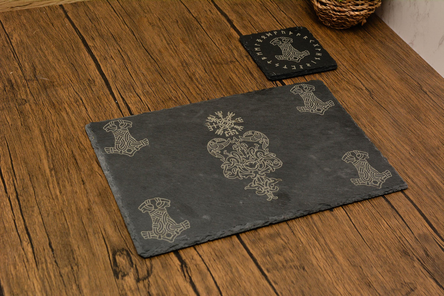 Viking Slate Dining placemat and coaster set. Slate Dinnerware set, Custom Norse Coaster Set, Dinner tablemat. viking gift Housewarming Gift