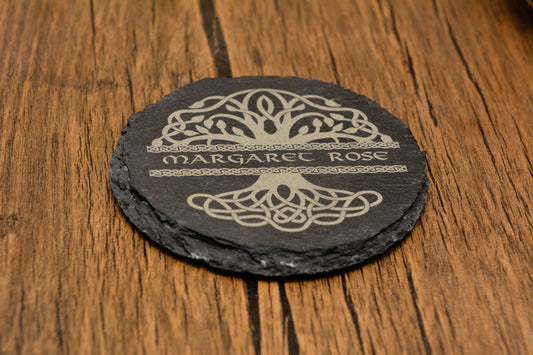 Personalised Tree of life / World Tree slate coaster perfect for viking gifts, pagan follower gift. Engraved Norse Yggdrasil custom name.