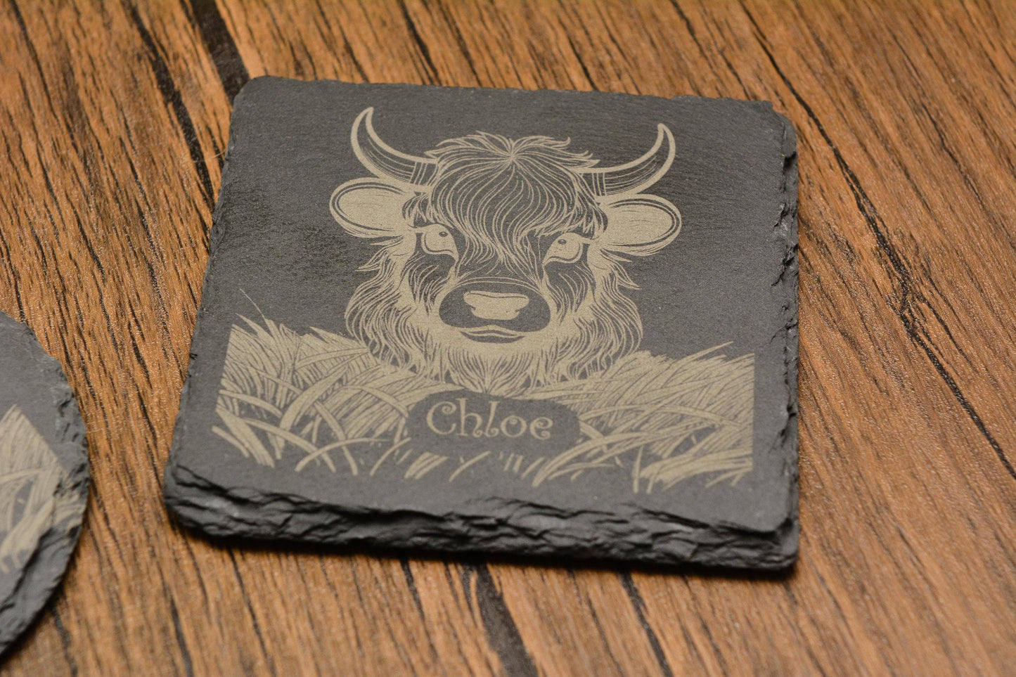 Personalised Highland Cow Slate Coaster Custom Engraved Name, Cute Stone Coaster, Farmhouse Rustic Decor, Highland Cattle Gift for Cow Lover