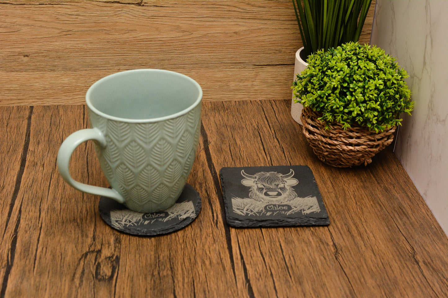 Personalised Highland Cow Slate Coaster Custom Engraved Name, Cute Stone Coaster, Farmhouse Rustic Decor, Highland Cattle Gift for Cow Lover