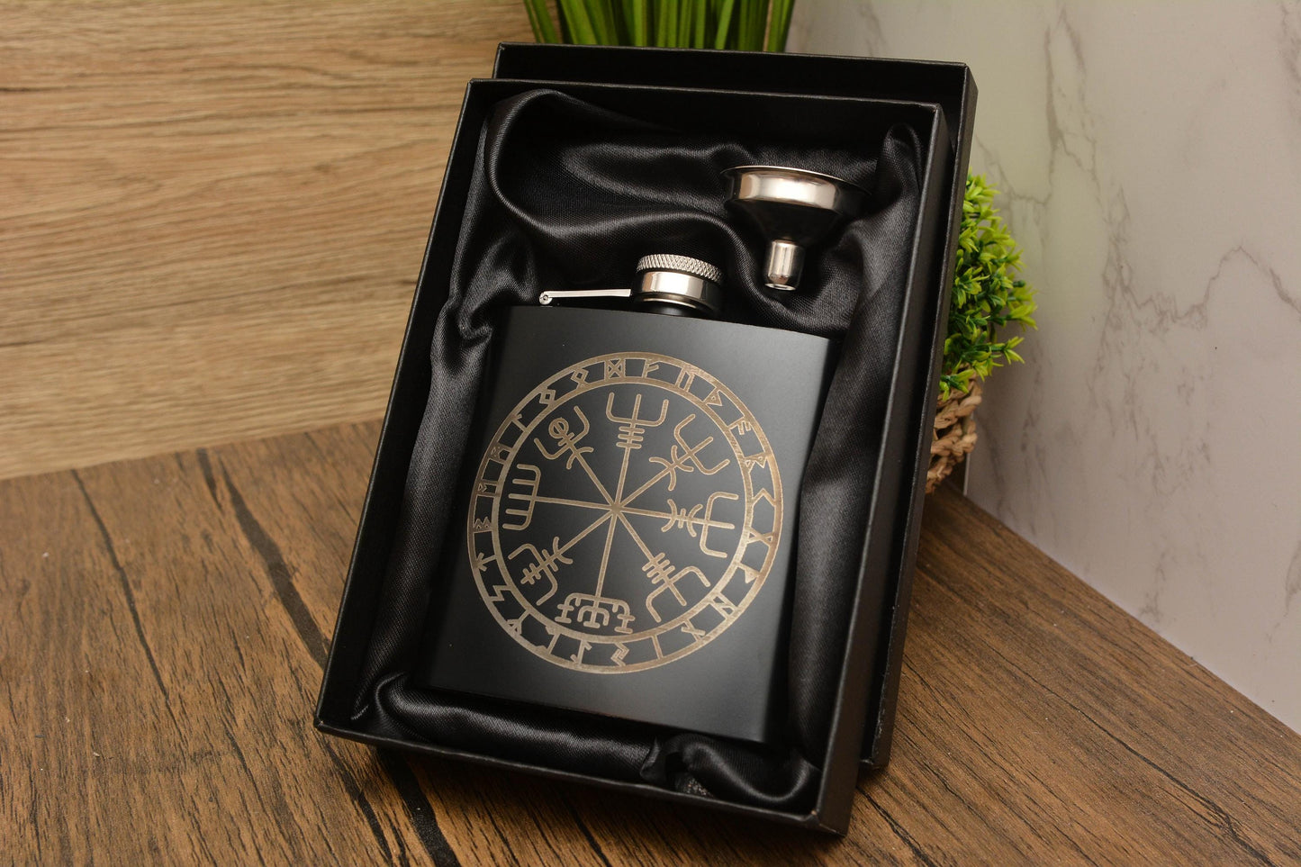 Norse Symbol Hip Flask – 6oz Black Stainless Steel Pocket Flask with Viking-Inspired Engravings