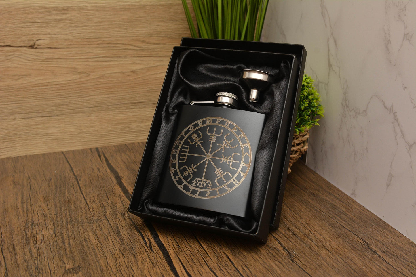 Norse Symbol Hip Flask – 6oz Black Stainless Steel Pocket Flask with Viking-Inspired Engravings