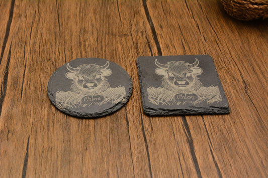 Personalised Highland Cow Slate Coaster Custom Engraved Name, Cute Stone Coaster, Farmhouse Rustic Decor, Highland Cattle Gift for Cow Lover