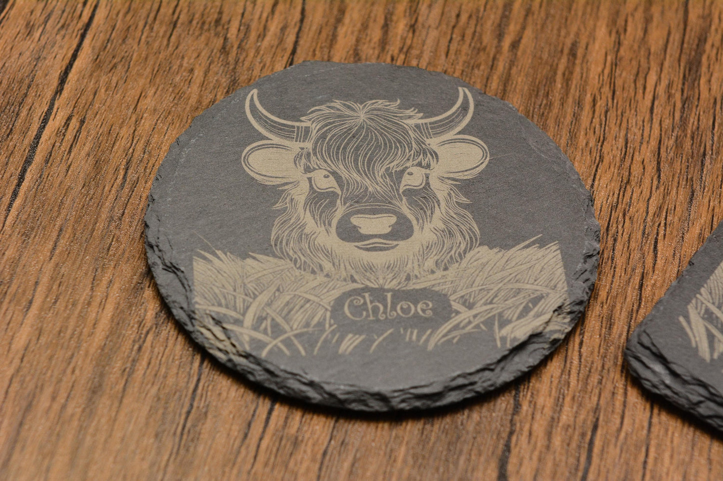 Personalised Highland Cow Slate Coaster Custom Engraved Name, Cute Stone Coaster, Farmhouse Rustic Decor, Highland Cattle Gift for Cow Lover