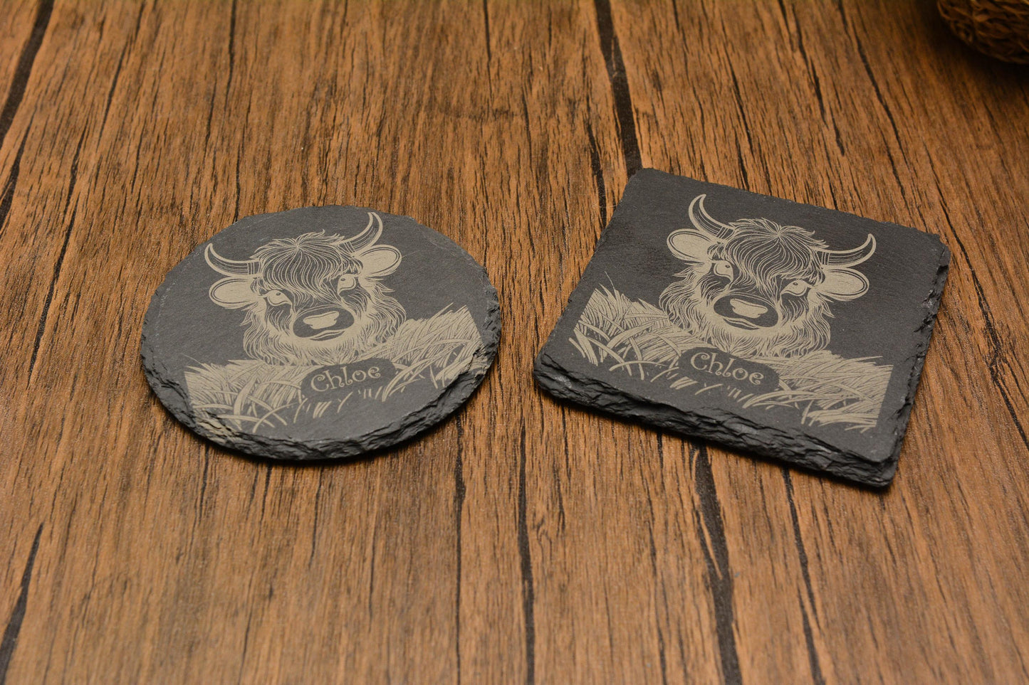 Personalised Highland Cow Slate Coaster Custom Engraved Name, Cute Stone Coaster, Farmhouse Rustic Decor, Highland Cattle Gift for Cow Lover