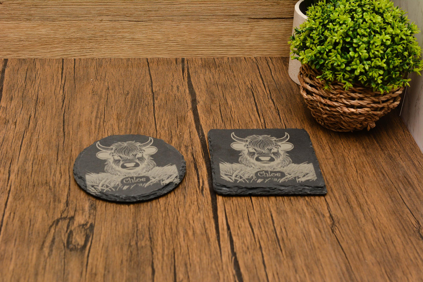 Personalised Highland Cow Slate Coaster Custom Engraved Name, Cute Stone Coaster, Farmhouse Rustic Decor, Highland Cattle Gift for Cow Lover
