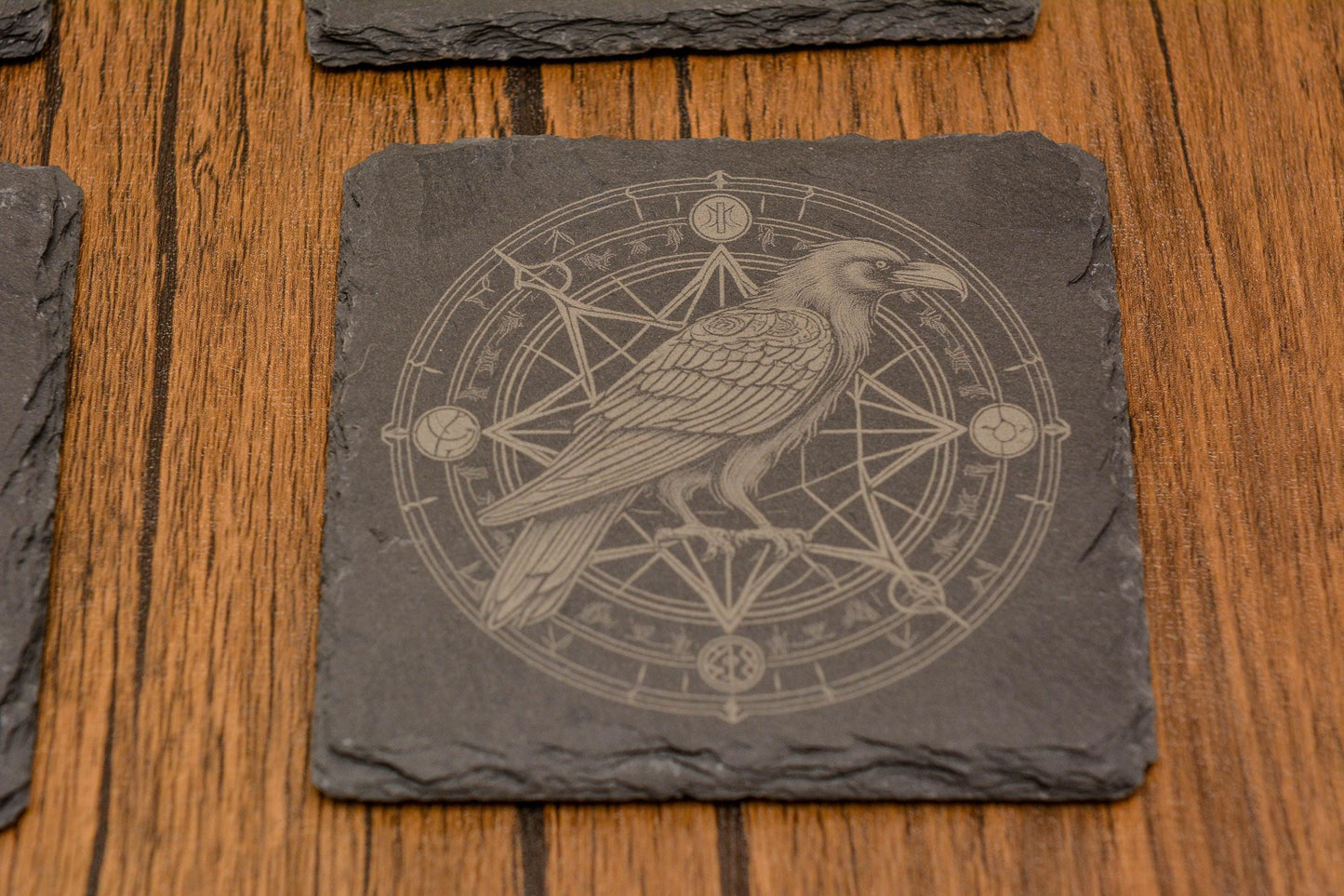 Mystical Raven Slate Coaster with Intricate Design, Witchy Natural Stone Drink Coaster in Circular or Square, Gothic, Occult, Pagan Decor