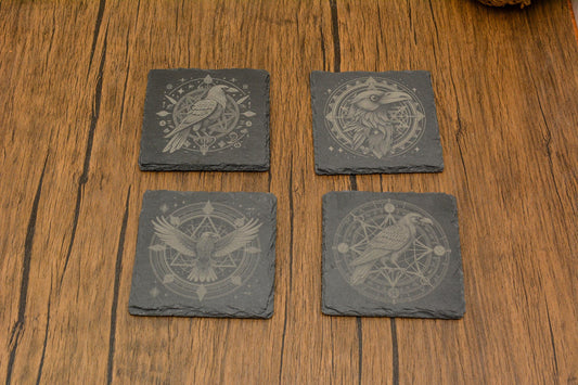 Mystical Raven Slate Coaster with Intricate Design, Witchy Natural Stone Drink Coaster in Circular or Square, Gothic, Occult, Pagan Decor