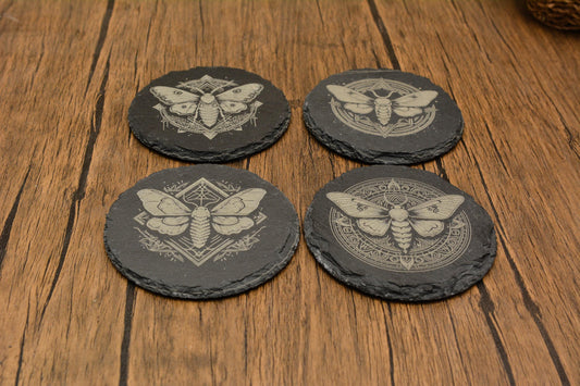 Mystical Moth Slate Coaster – Gothic Pagan Decor, Witchy Drink Mat in Square or Circle, Occult Nature-Inspired Stone Coaster