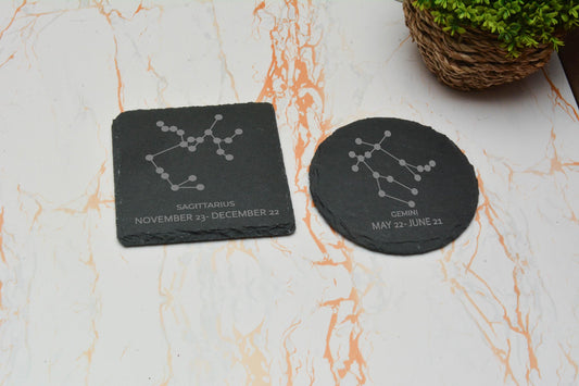 Celestial Zodiac Slate Coaster – Star Sign Engraved Astrology Gift – Mystical Horoscope Decor for Spiritual Souls