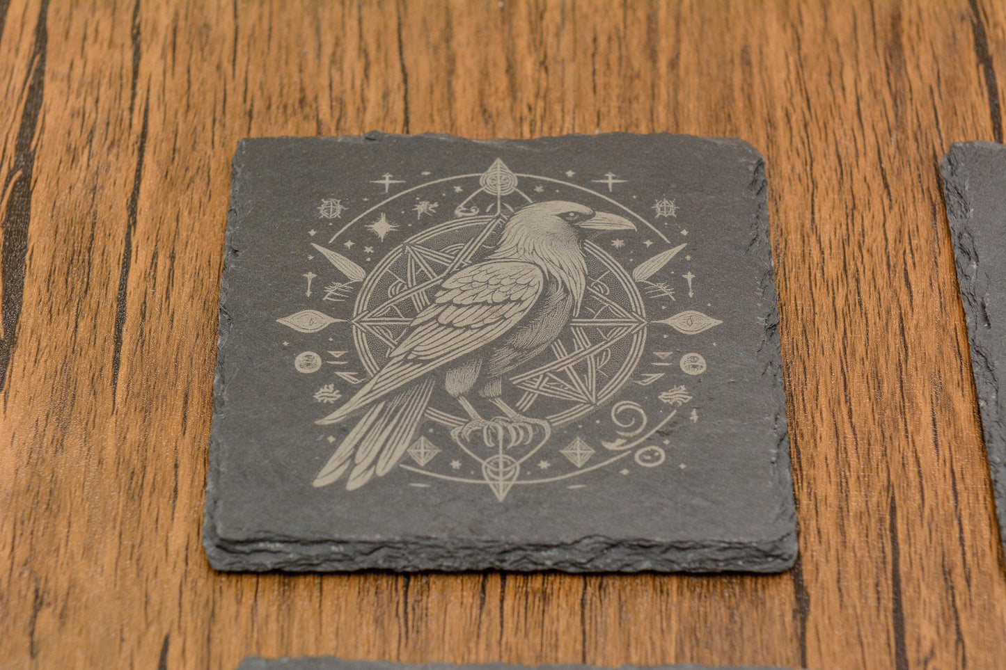 Mystical Raven Slate Coaster with Intricate Design, Witchy Natural Stone Drink Coaster in Circular or Square, Gothic, Occult, Pagan Decor