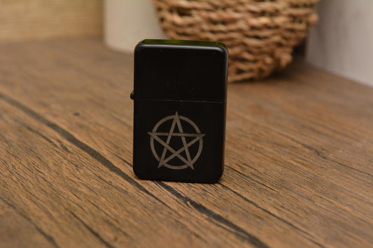 Gothic Witch Symbol Refillable Lighter – Engraved Black Metal Altar Tool, Wiccan Gift, Whimsical Pagan Decor, Whimsy Present for Her