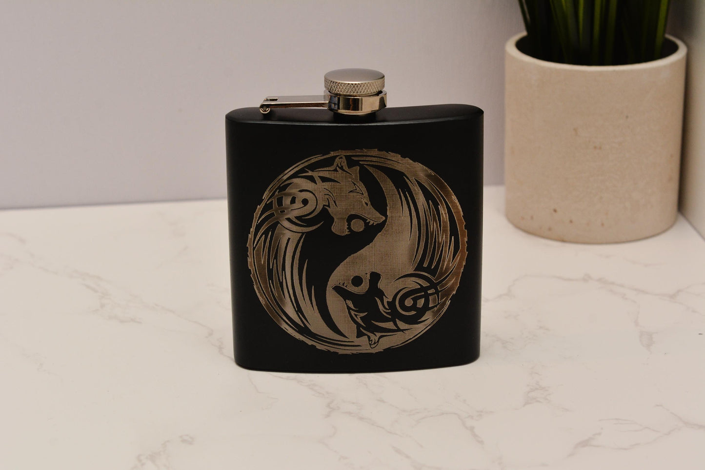 Norse Symbol Hip Flask – 6oz Black Stainless Steel Pocket Flask with Viking-Inspired Engravings
