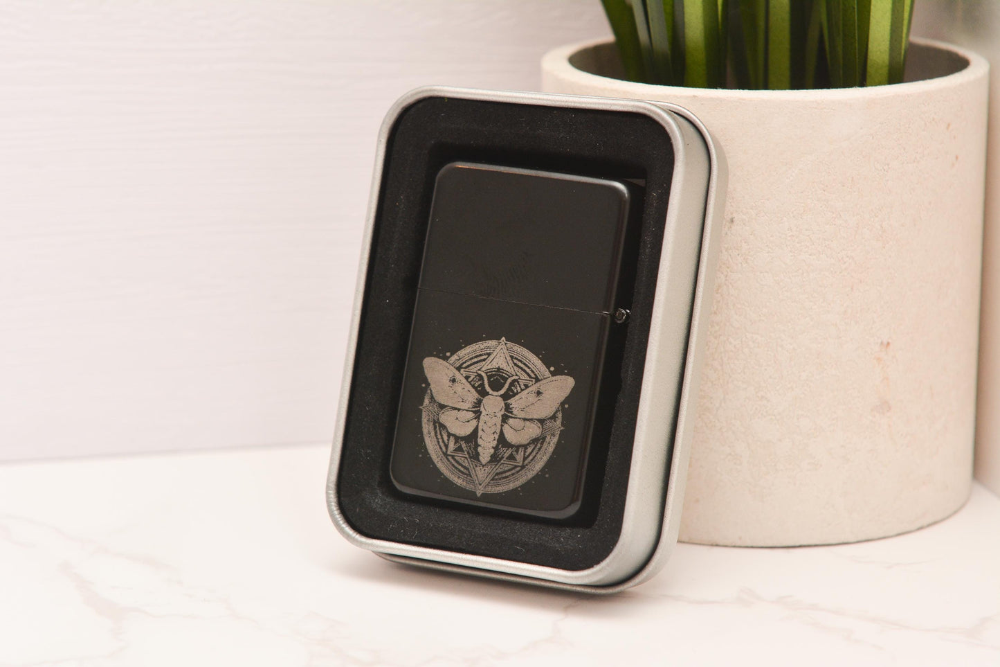 Mystical Moth Stainless Steel Lighter – Engraved Gothic Insect Design, Witchy Refillable Black Matte Lighter, Whimsical Decor Gift