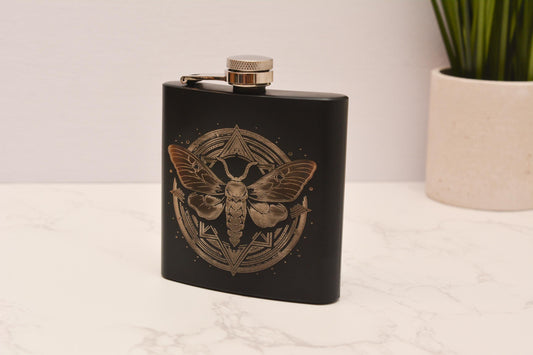 Mystical Moth Engraved Stainless Steel Hip Flask Gothic Insect Design, Witchy Gift, Refillable Black Flask Whimsical Decor & Fantasy Style
