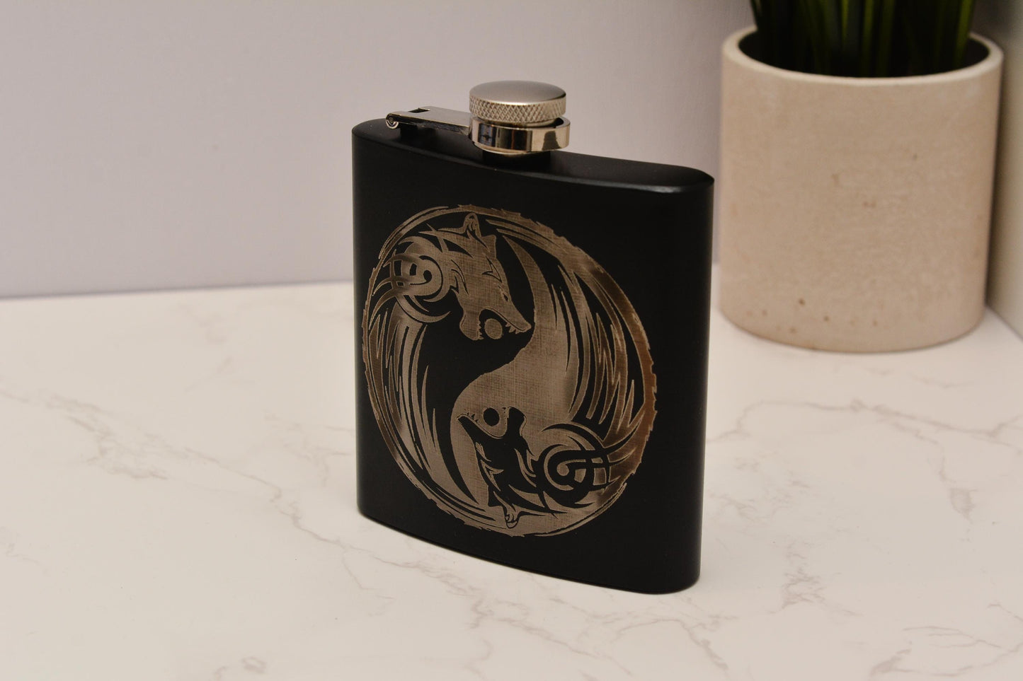 Norse Symbol Hip Flask – 6oz Black Stainless Steel Pocket Flask with Viking-Inspired Engravings