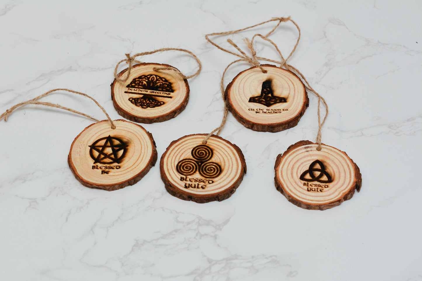 Yule Tree Decorations – Pagan Winter Solstice Hanging Baubles – Natural Wooden Ornaments – Wiccan Witch Decor – Pagan Christmas Decoration