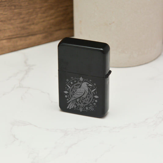 Norse Raven Engraved Stainless Steel Lighter – Gothic Bird Design, Witchy Gift, Refillable Black Matte Lighter for Whimsical Decor