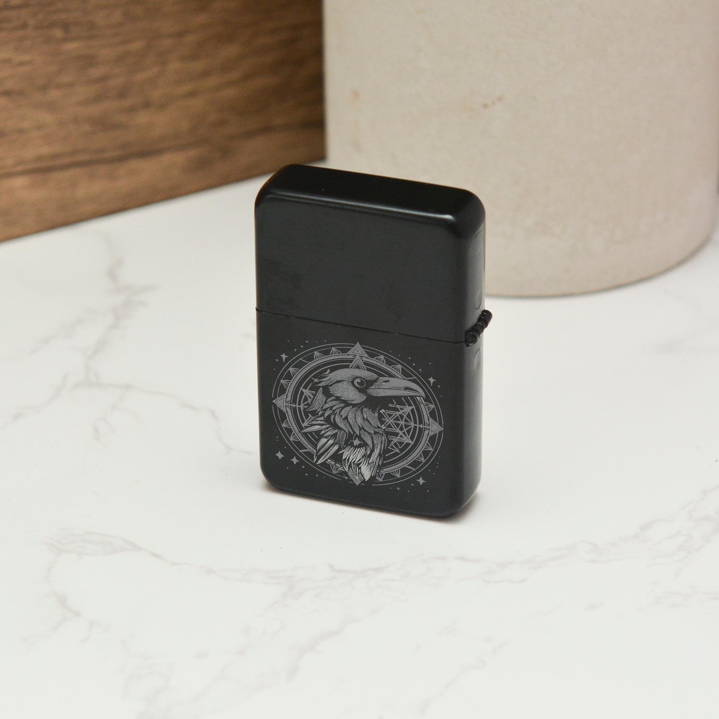 Norse Raven Engraved Stainless Steel Lighter – Gothic Bird Design, Witchy Gift, Refillable Black Matte Lighter for Whimsical Decor