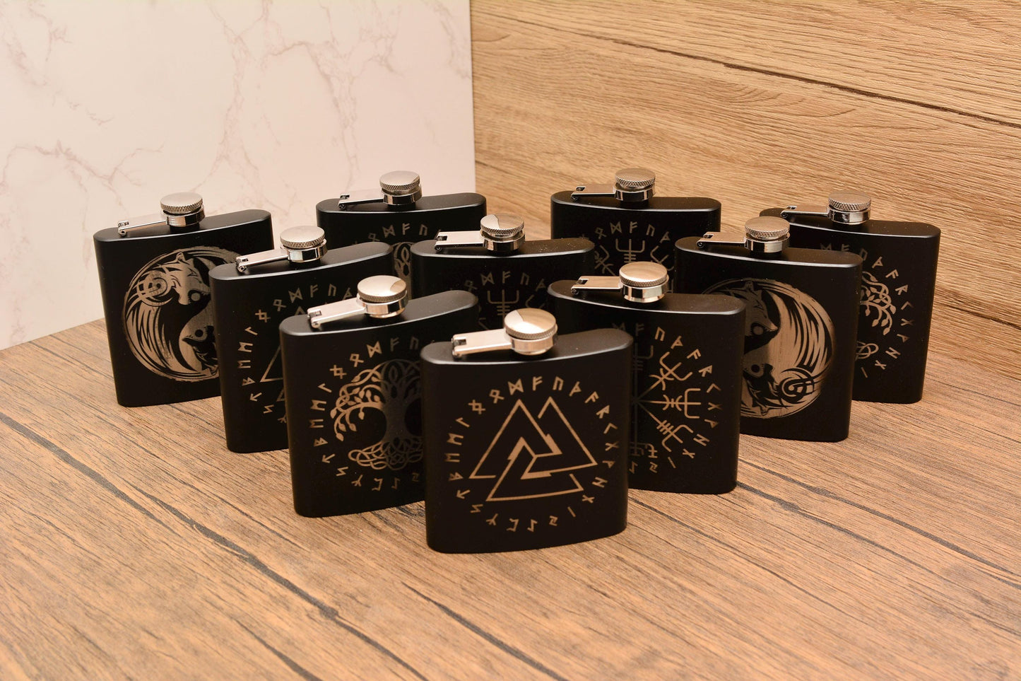 Norse Symbol Hip Flask – 6oz Black Stainless Steel Pocket Flask with Viking-Inspired Engravings