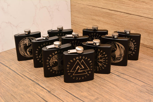 Norse Symbol Hip Flask – 6oz Black Stainless Steel Pocket Flask with Viking-Inspired Engravings