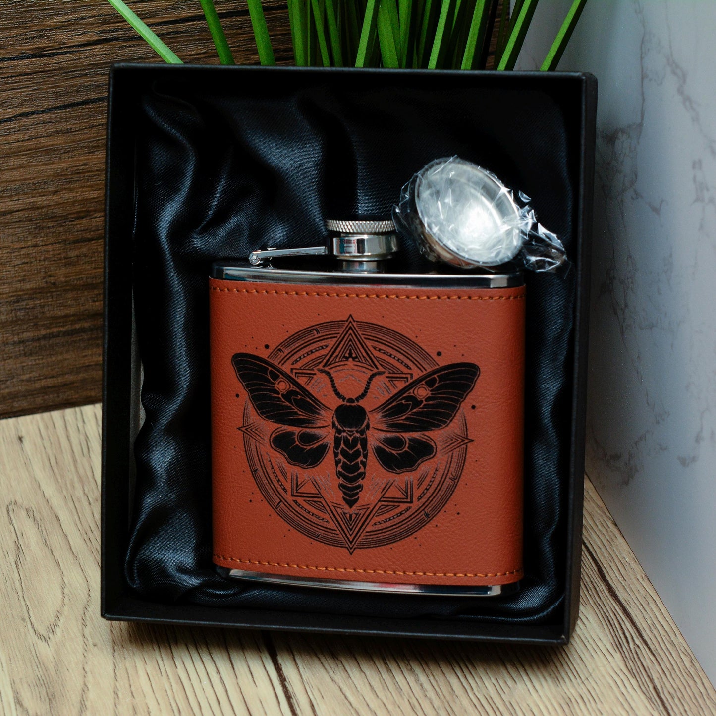 Whimsical Moth Hip Flask – 6oz Brown PU Leather Gothic Gift for Witchy Souls & Moth Lovers