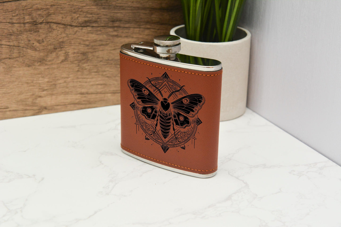 Whimsical Moth Hip Flask – 6oz Brown PU Leather Gothic Gift for Witchy Souls & Moth Lovers