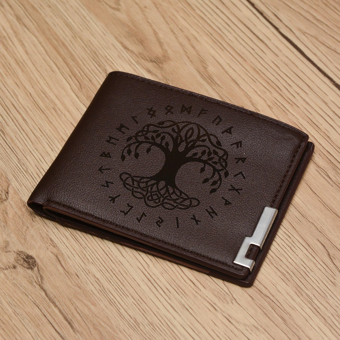 Norse Viking Wallet PU Leather, Personalised Laser Engraved Tree of Life Design, Norse Mythology Gift. Vegan Friendly. Norse Inspired.