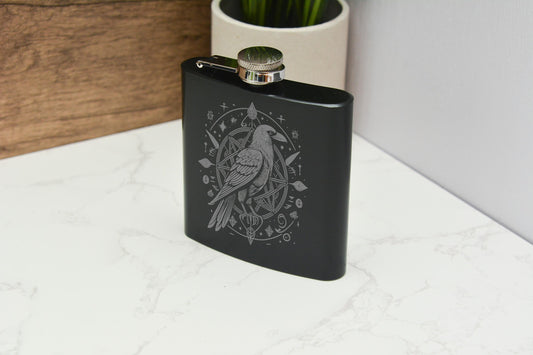 Norse Raven Engraved Stainless Steel Hip Flask Gothic Crow Design, Witchy Gift, Refillable Black Flask Whimsical Decor & Fantasy Style