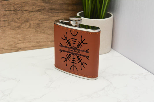 Personalised Viking hipflask PU Leather, Norse 6 oz drinking flask. vegan leather pagan symbols. Custom Engraved Gift for Him. Groomsman