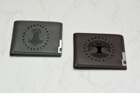 Norse Viking Wallet PU Leather, Personalised Laser Engraved Tree of Life Design, Norse Mythology Gift. Vegan Friendly. Norse Inspired.