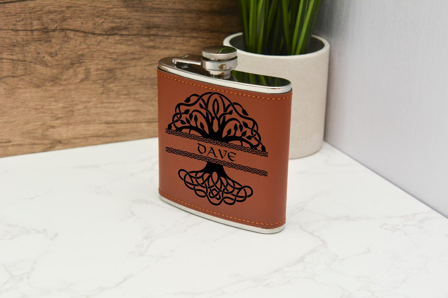 Personalised Viking hipflask PU Leather, Norse 6 oz drinking flask. vegan leather pagan symbols. Custom Engraved Gift for Him. Groomsman
