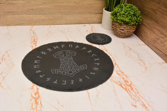 Norse Symbol Slate Placemat & Coaster Set – Handcrafted and Laser Engraved. Viking Home Decor. Pagan tableware, Slate dinner set,