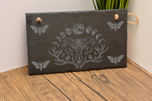 Lunar Moth Slate Hanging Sign – Engraved Gothic Pagan Wall Art, Witchy Moon Phase Decor, Wiccan Altar Plaque, Norse Spiritual Gift