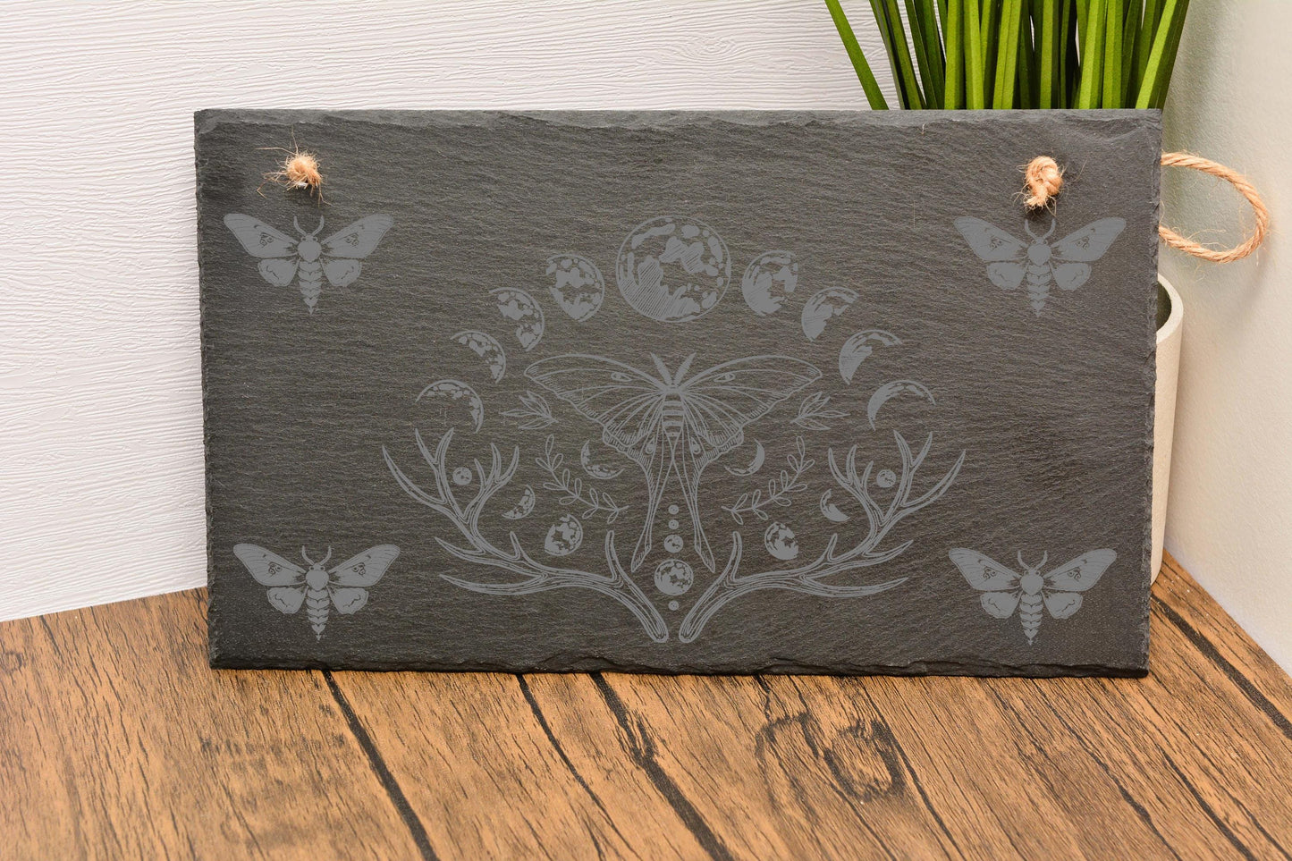 Lunar Moth Slate Hanging Sign – Engraved Gothic Pagan Wall Art, Witchy Moon Phase Decor, Wiccan Altar Plaque, Norse Spiritual Gift