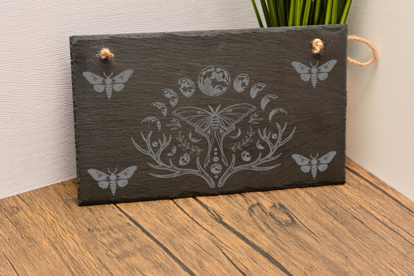 Lunar Moth Slate Hanging Sign – Engraved Gothic Pagan Wall Art, Witchy Moon Phase Decor, Wiccan Altar Plaque, Norse Spiritual Gift