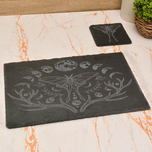 Luna Moth Slate Dining Set – Witchy Moon Phase Placemat & Coaster Gift, Gothic Pagan Home Decor