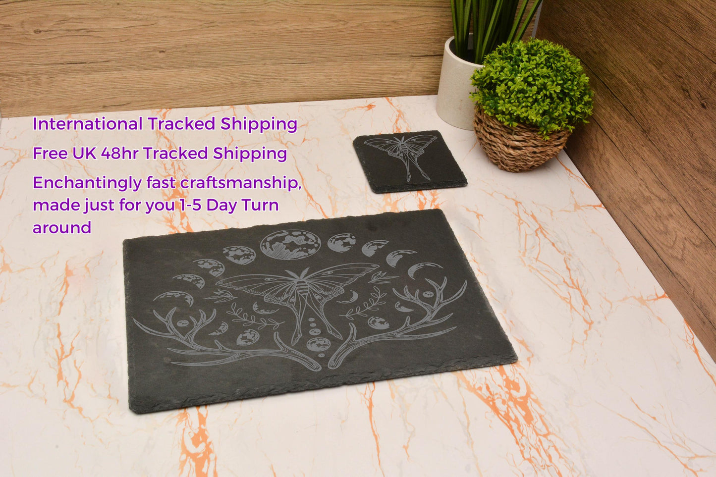 Luna Moth Slate Dining Set – Witchy Moon Phase Placemat & Coaster Gift, Gothic Pagan Home Decor