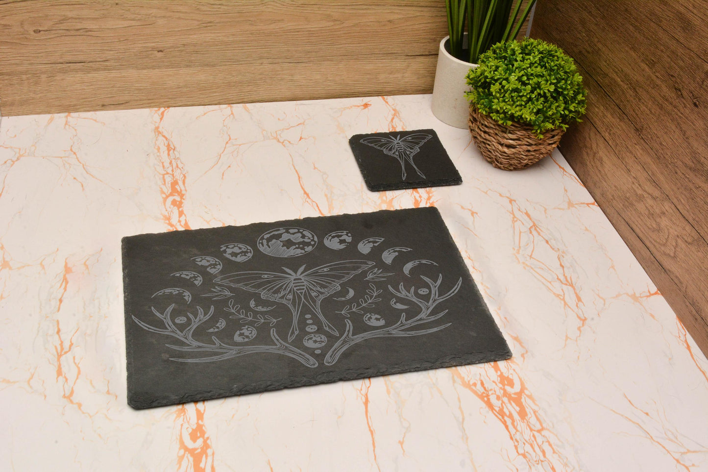 Luna Moth Slate Dining Set – Witchy Moon Phase Placemat & Coaster Gift, Gothic Pagan Home Decor