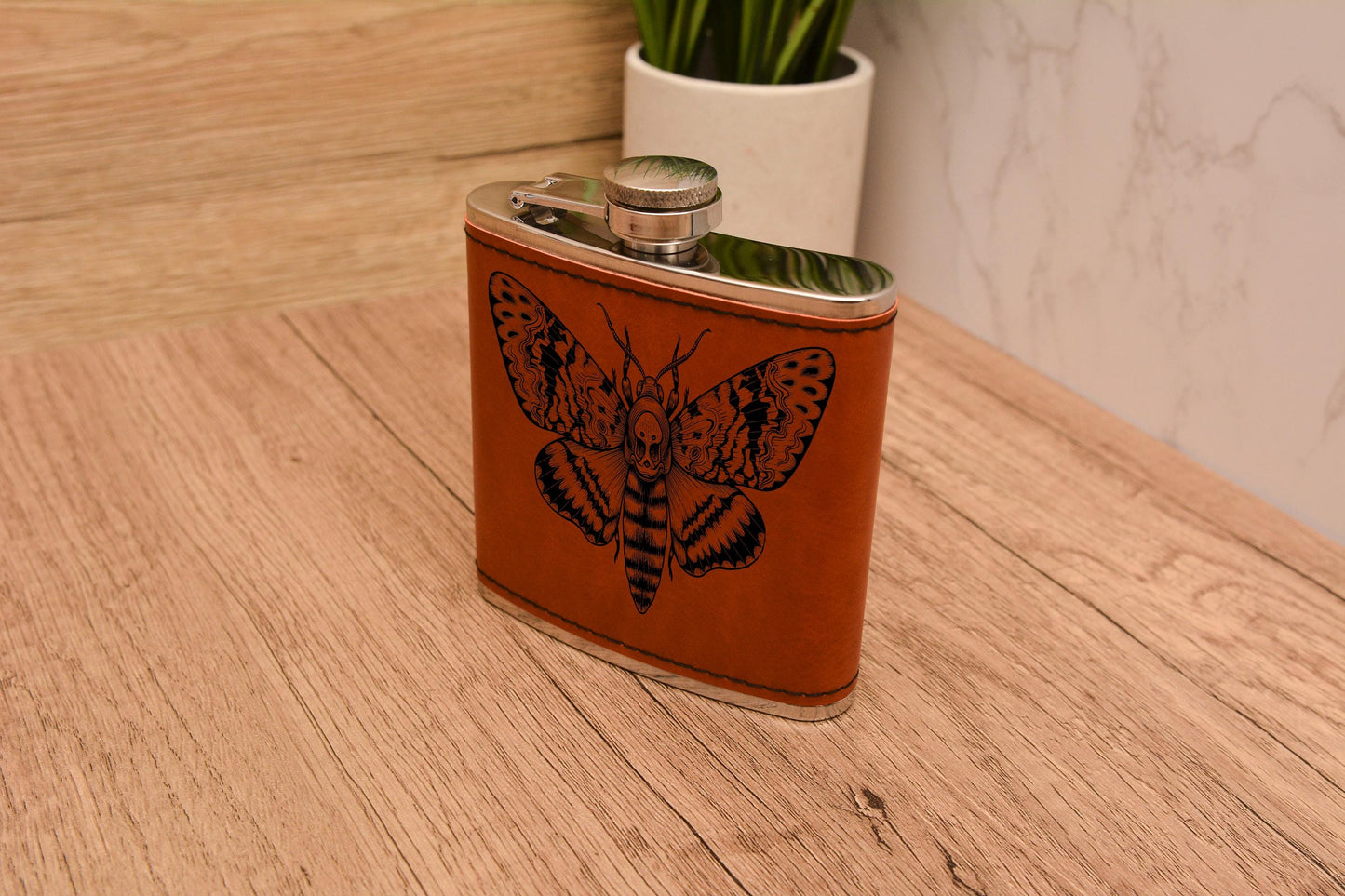 Deaths Head Moth Hip Flask Gift Set,  Gothic PU Leather Engraved Flask with 2 Shot Glasses & Funnel, Moth Lover Gift for Him or Her.