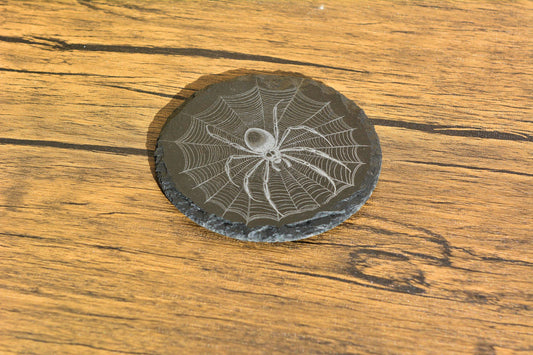 Spider Web Slate Coaster – Round or Square Natural Stone Mat, Gothic Halloween Decor, Witchy Gift, Laser Engraved Gothic Homeware