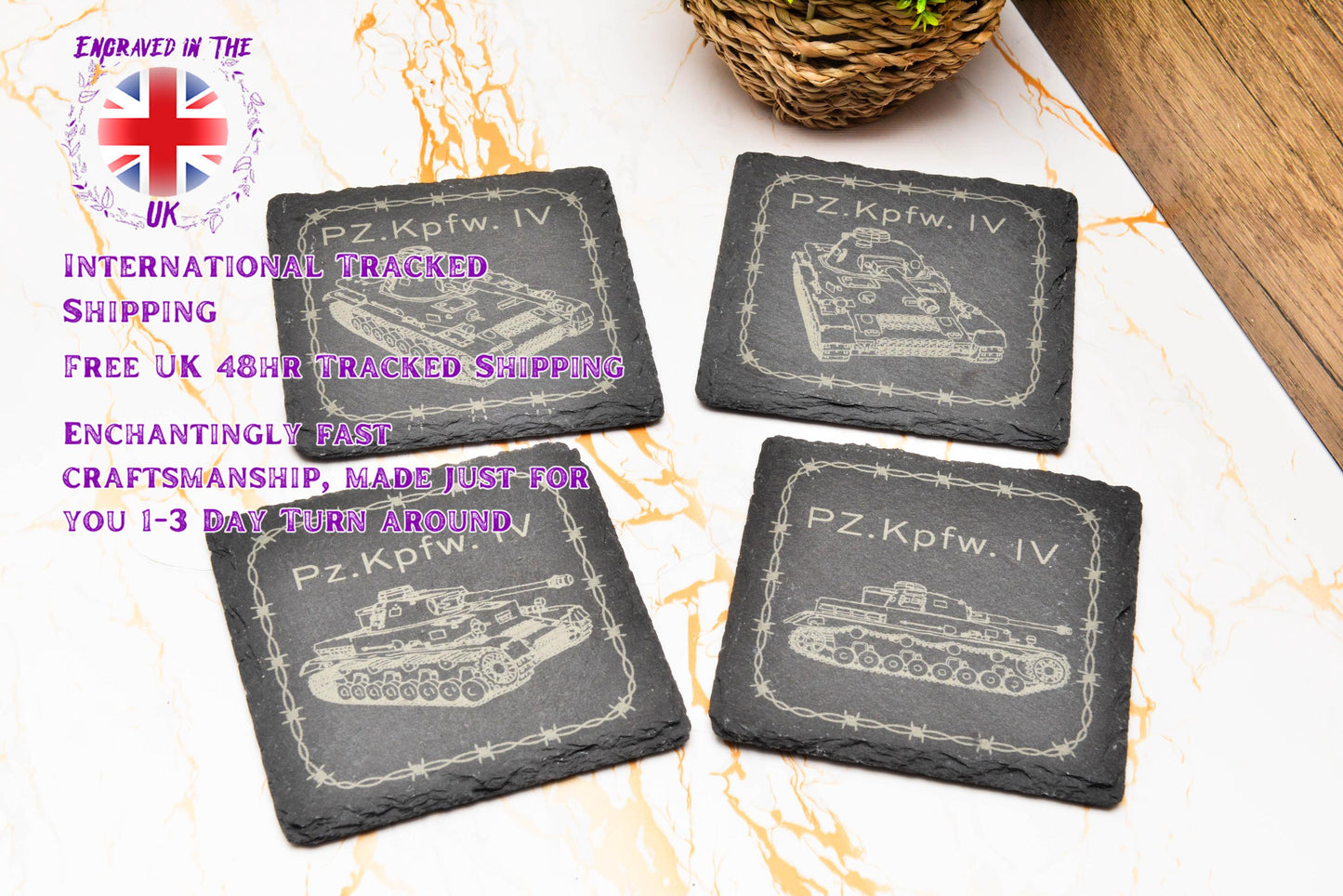 WWII German Panzer Slate Coaster – Historical Tank Drink Mat – Military Gaming Gift – Stone Coaster for Him or Man Cave Decor