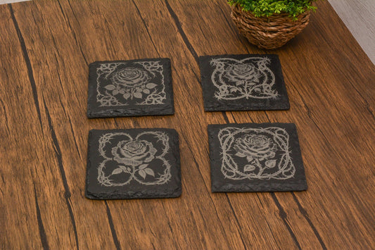 Gothic Rose Slate Coaster, Laser Engraved Floral Coaster, Gothic Home Decor, Engraved in UK – Gift for Witchy & Dark Aesthetic Lovers